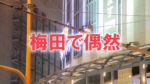 大阪市北区のヨドバシカメラ梅田の夜の看板と赤文字で「梅田で偶然」と書かれた画像です。