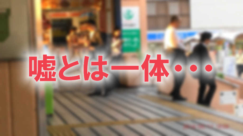 大阪府の枚方公園駅の階段付近の写真に赤文字で「嘘とは一体・・・」と書かれた画像です。