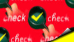 背景が赤に虫メガネが複数あり、その中に黄色のチェックマークがある画像で英語で「check」と筆記体で書かれた画像です。