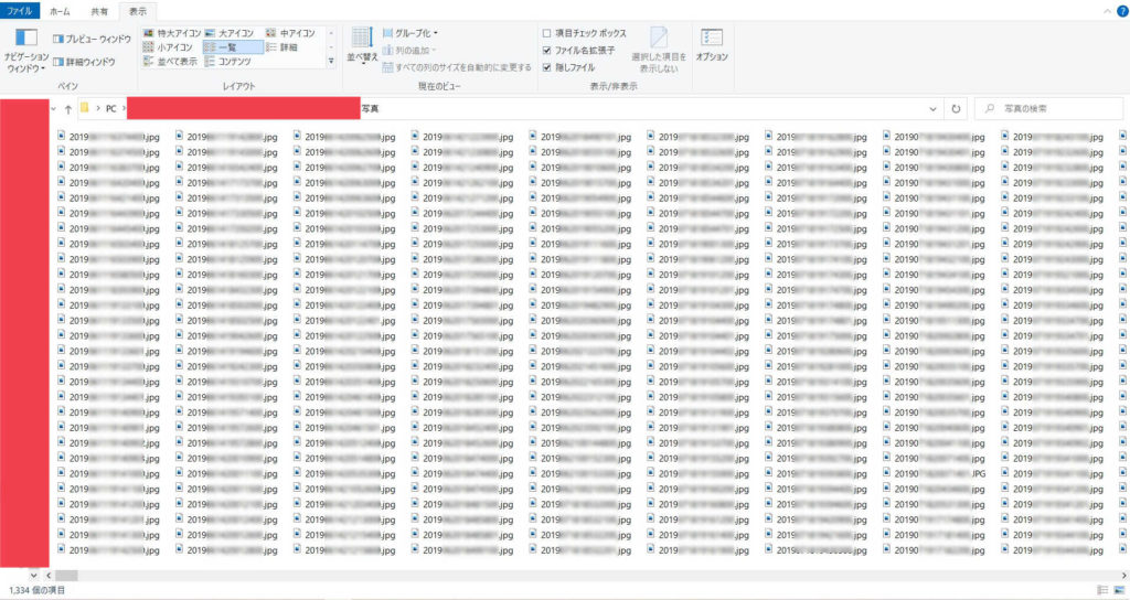 写真データDVDの中身です。1334枚のデータが入っています。日付順に並んでいますがモザイク処理をしています。